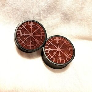 Ironwood runic compass plugs from Bodyartforms, 7/8 inch